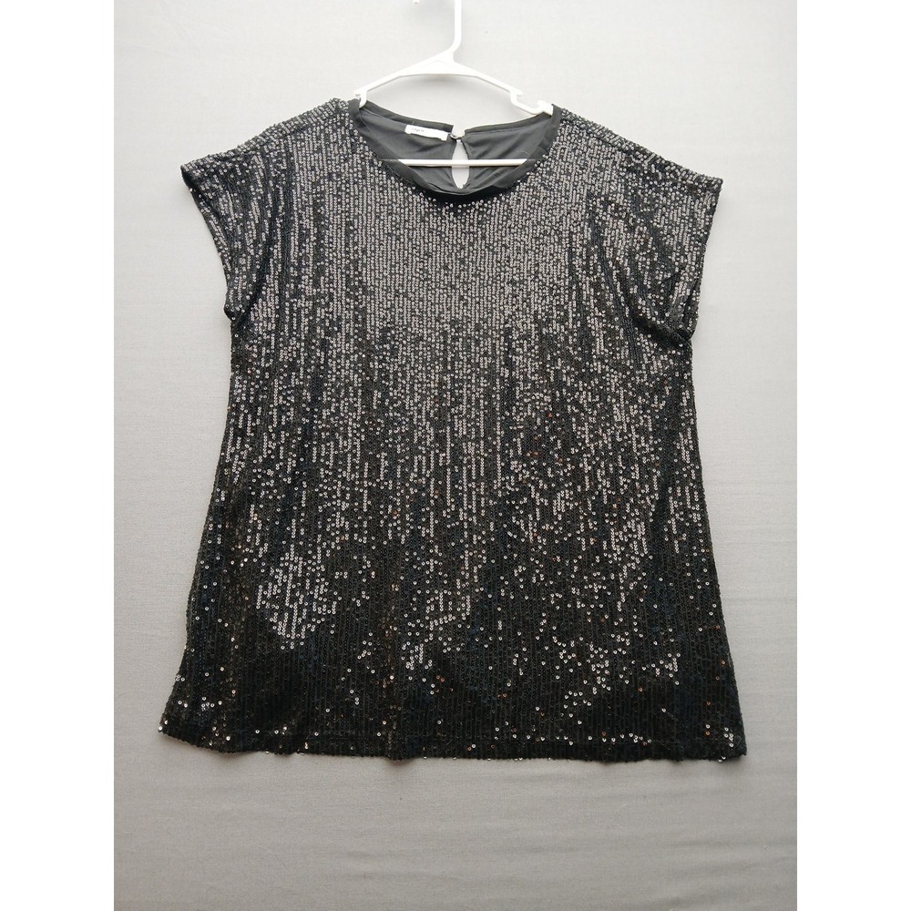 Women's XL Edgely Fully Sequined Shirt Black Short Sleeves